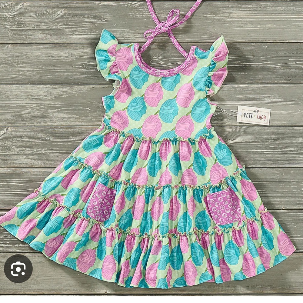 Pete + Lucy Bloomin Blossoms Colorful Kids Dress with Ruffle Sleeves, Size 5.